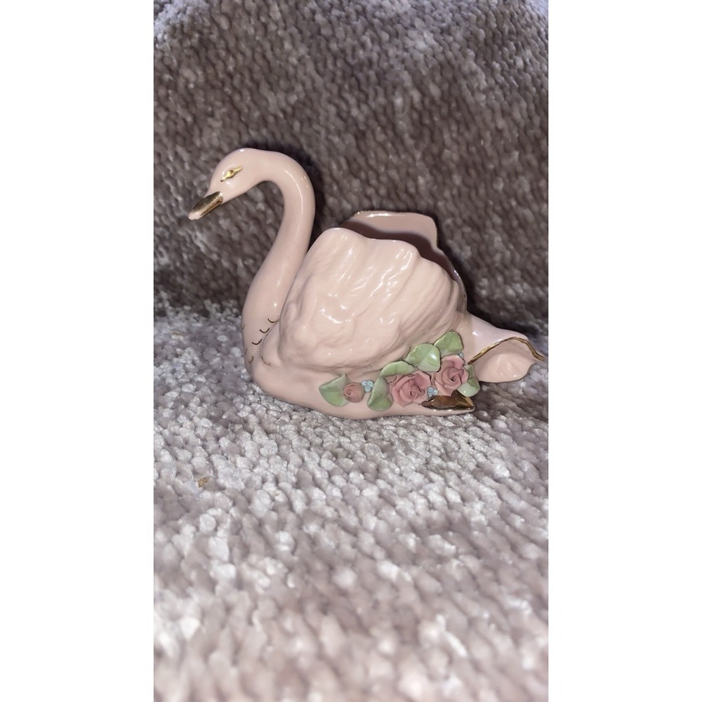 Vintage BeeBe California  Porcelain Swan Trinket Floral With Gold Accents Stamp!
